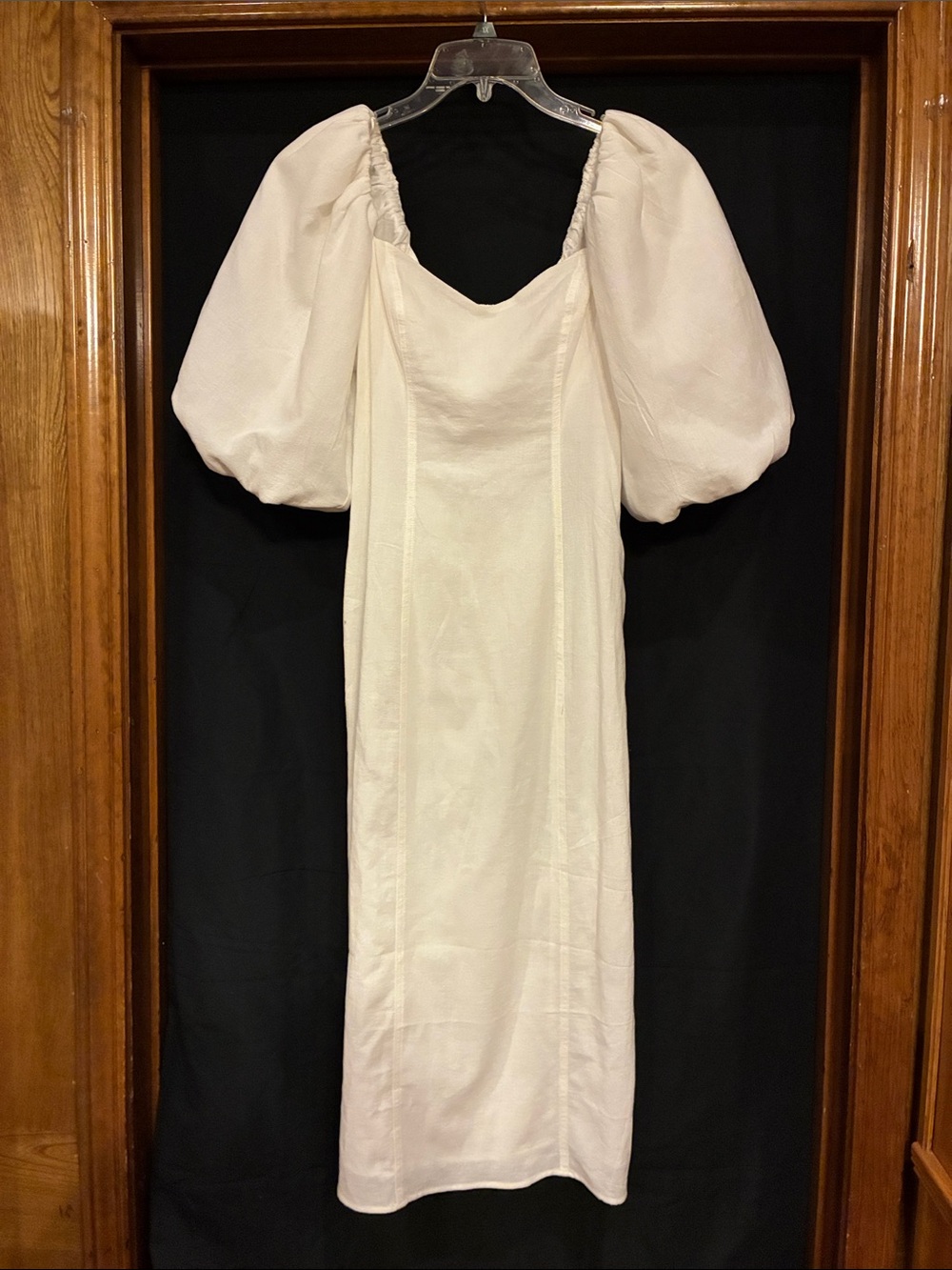 NWT Small H&M White Balloon Sleeve Fitted Crepe Midi Dress (ABBA)